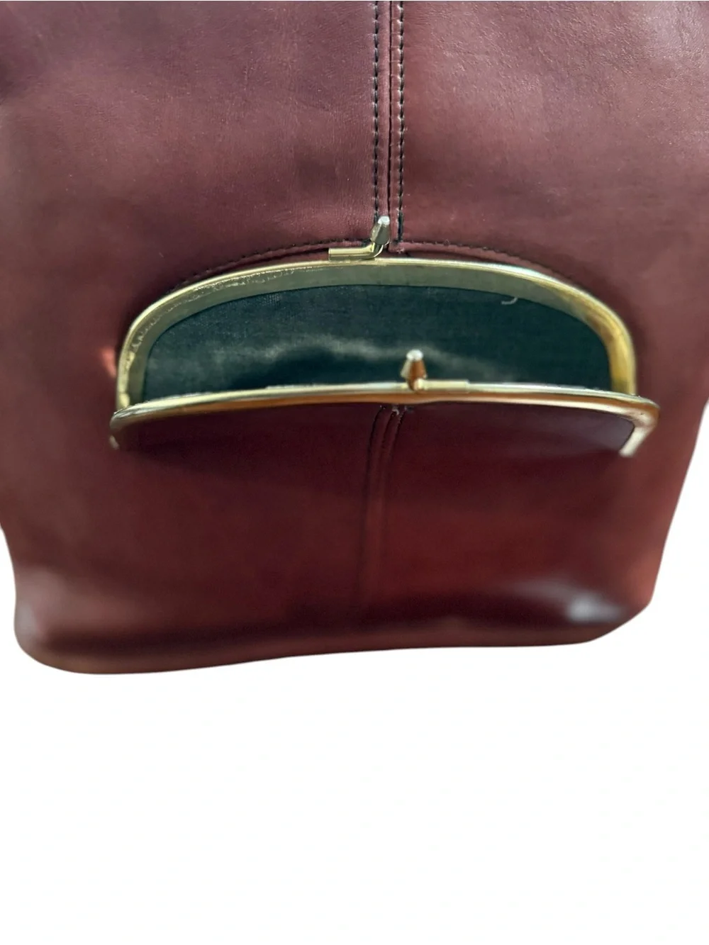 Vintage Leather Tote Oxblood Shoulder Purse Gold Accent Kiss Lock Frame Bag - Picture 5 of 13